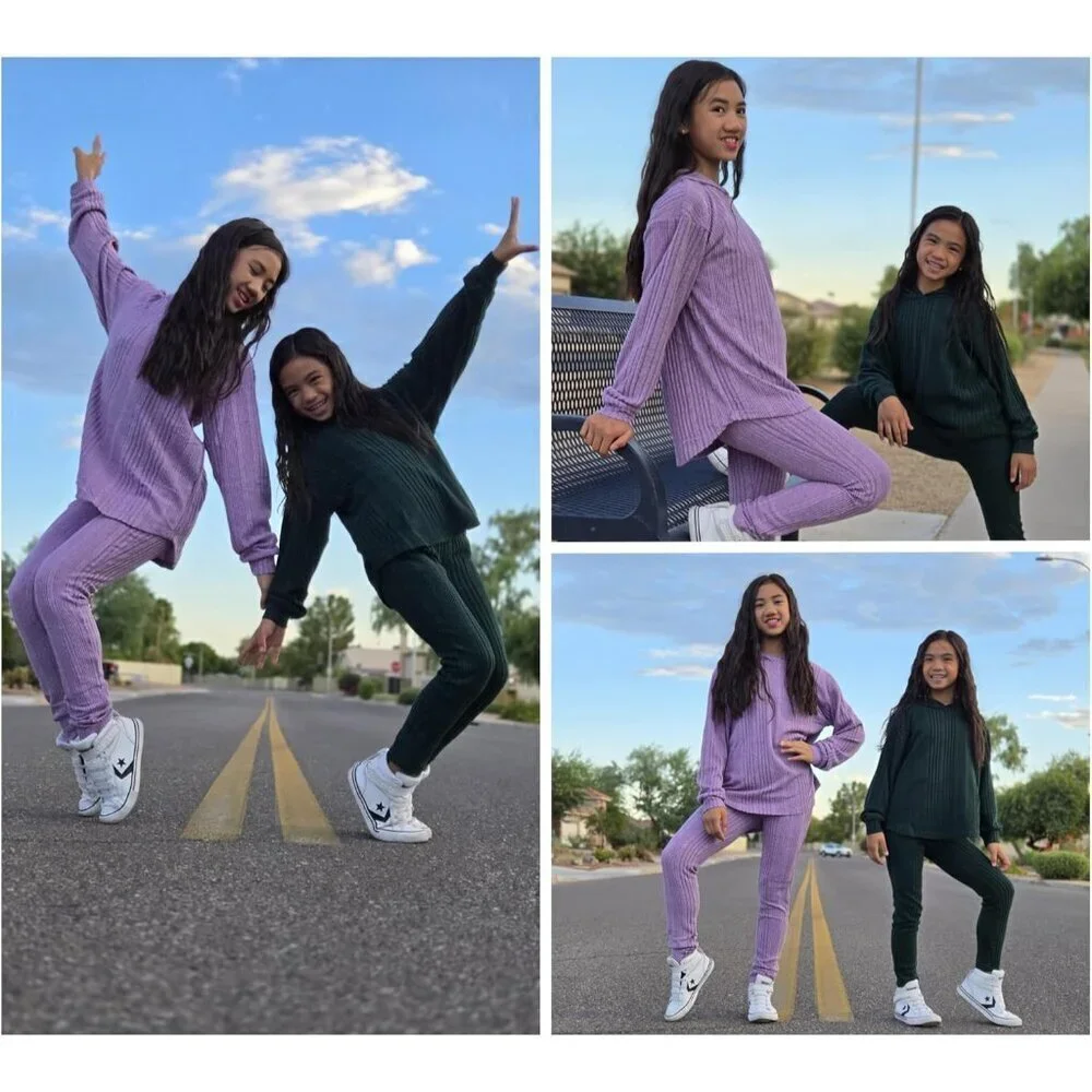 Girl's Sweaters Set 2 Piece Outfits Rib-Knit Sweatsuits Cute Pullover Sweatshirt